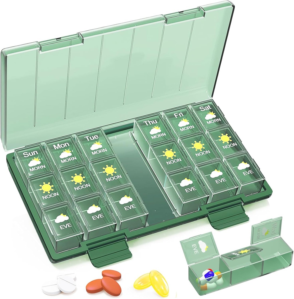 Medilax Ugentlig Pill Organizer 3X om dagen, Bærbar Pill Box 7 dag let at bruge, Daglig Pill sag for rejser med tredobbelt beskyttelse, Pill Containers til vitaminer / medicin / kosttilskud, Grøn