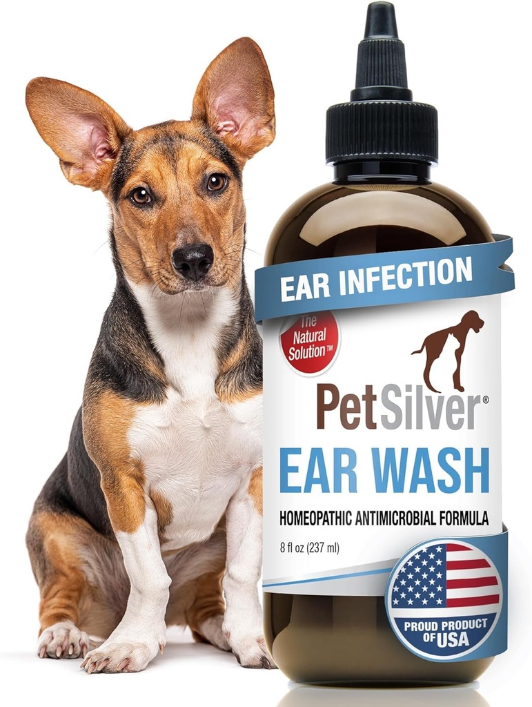 PetSilver Hund Ear Cleaner Solution - Gentle Ear Wash for hunde og katte med chelated sølv - Otic Rinse Formel Mål Wax Buildup, Lugt Odor, og Itchy eller Irriterede områder - Made in USA - 8 fl oz