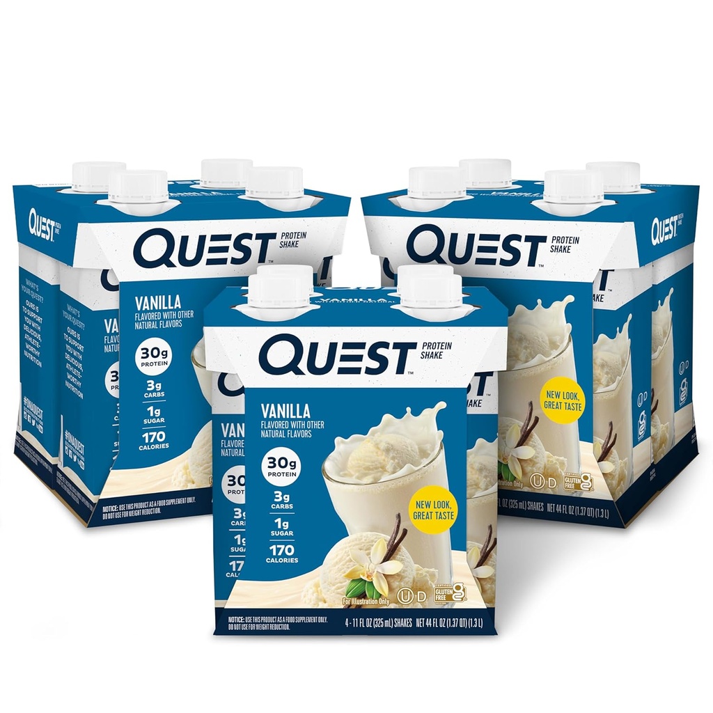 Quest Nutrition Klar til at drikke Vanilla Protein Shake, 30g Protein, 3g Net Carbs, Gluten Free, Keto Friendly, 11 fl.oz 4 Greve (Pack of 3)