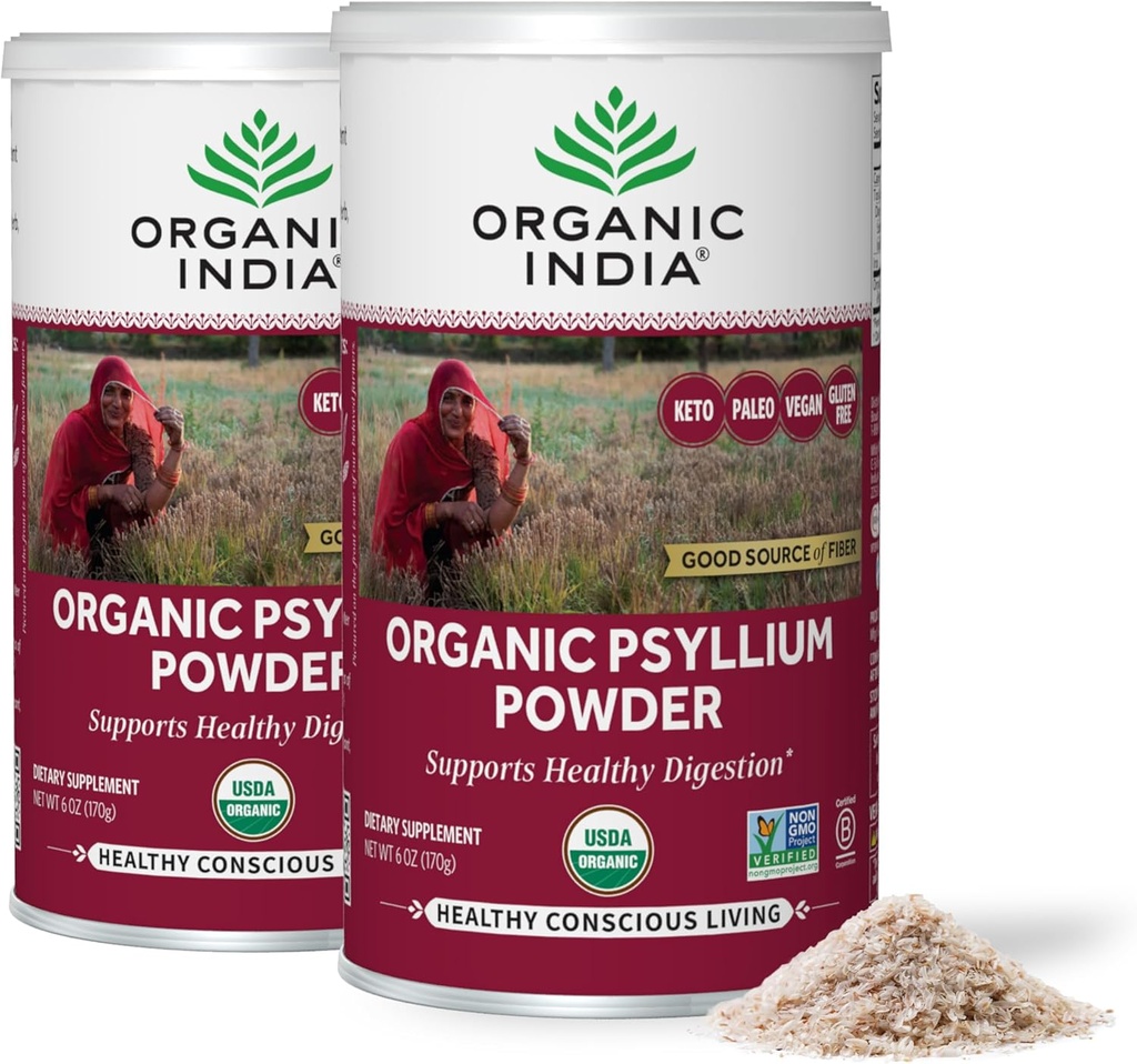 ORGANISK INDIA Psyllium Powder Organic - Fine Grain Psyllium Supplement, fordøjelsesstøtte, Vegan, Gluten- Free, Non- GMO, Kilde til Fiber - 6 oz (pakke af 2)