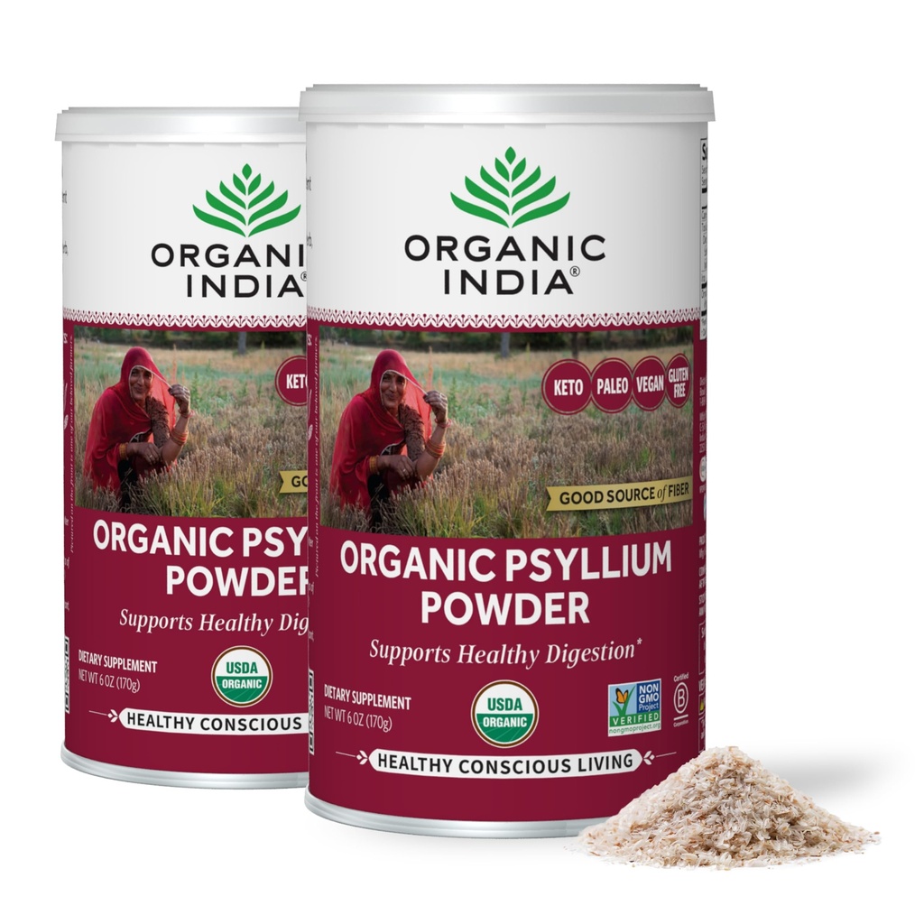 ORGANISK INDIA Psyllium Powder Organic - Fine Grain Psyllium Supplement, fordøjelsesstøtte, Vegan, Gluten- Free, Non- GMO, Kilde til Fiber - 6 oz (pakke af 2)