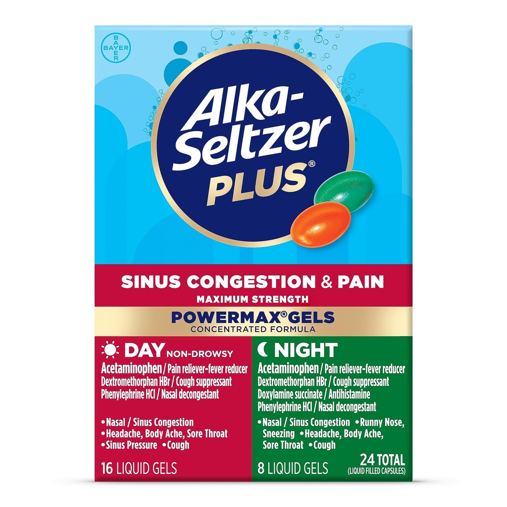 Alka- Seltzer Plus maksimal styrke PowerMax Sinus Congestion & Pain Medicine, Dag + Night Liquid Gels - Kraftfuld Relief for kold og influenza, + Sinus Congestion for voksne og børn 12 + År, 24 Antal