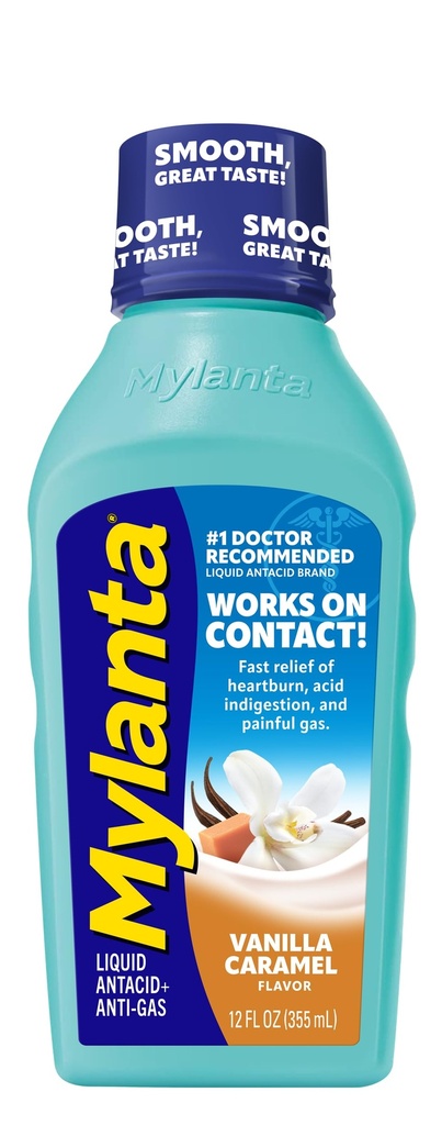 Mylanta Heartburn and Gas Relief, Flydende Antacida, Vanilla Caramel Flavor, 12 Fluid Ounce