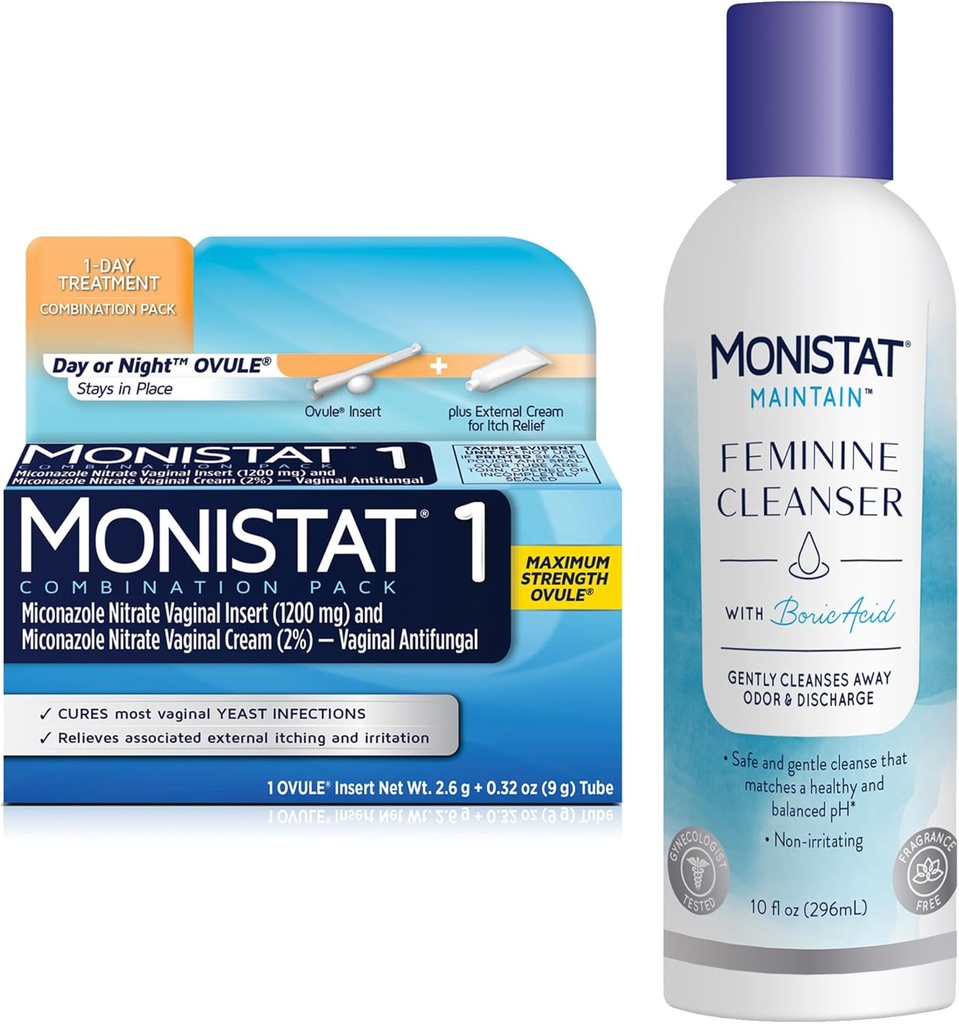 Monistat 1 Dag Gær Infektion Behandling for kvinder, 1 Miconazol Ovule Indsæt & ekstern Monistat Anti- Itch Cream Bundle + 10 fl oz Boric Acid Feminin Cleaner