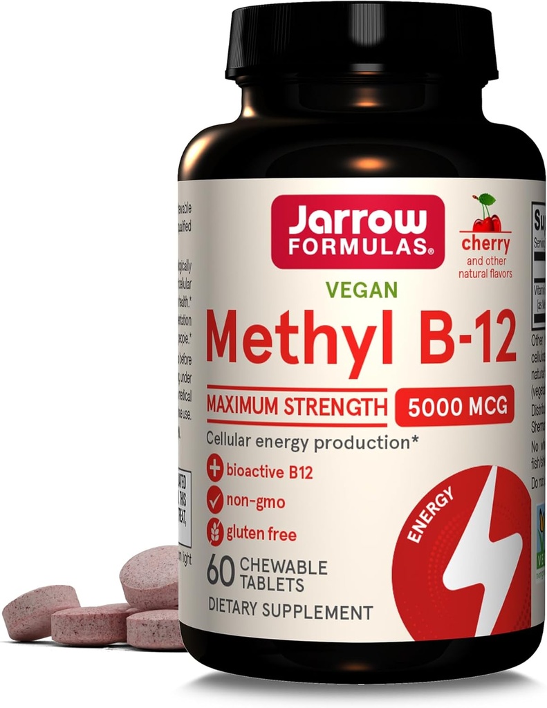 Jarrow Formulas Methyl B- 12 5000 mcg - 60 tyggetabletter, Cherry - Bioactive Vitamin B12 - Understøtter energiproduktion, hjerne sundhed & Metabolisme - Gluten Free - 60 Serveringer
