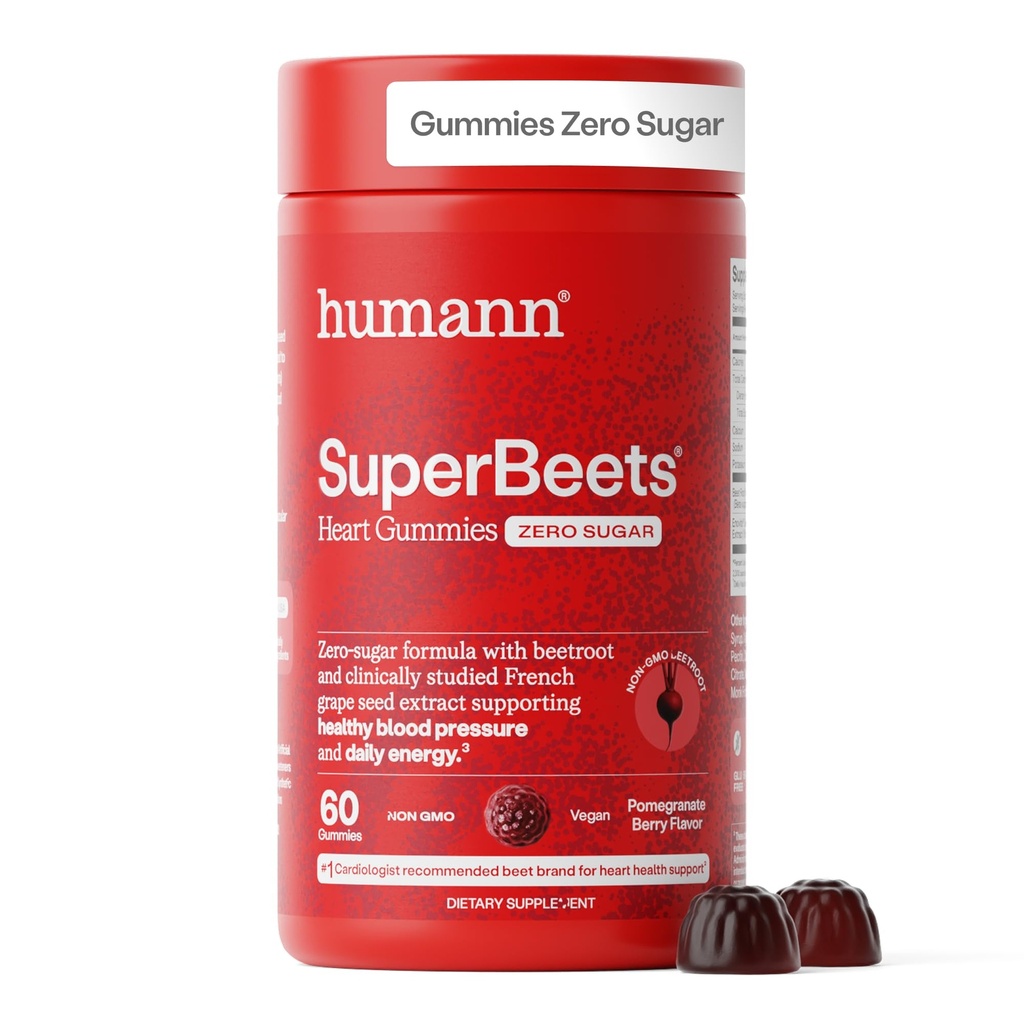 Humann SuperBeets Heart Gummies - Beet Gummy med energistøtte, Grape Seed Extract & Beetroot Powder, Sukker Free - Granatæbler Berry Flavor, 60 Greve