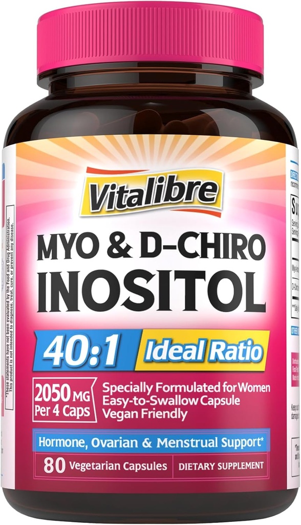Inositol Supplement, Myo-Inositol & D-Chiro Inositol Fertility Supplements for Women, 40:1 Ideal Ratio, Hormone Balance and Ovarian Support, 80 Vegan Capsules