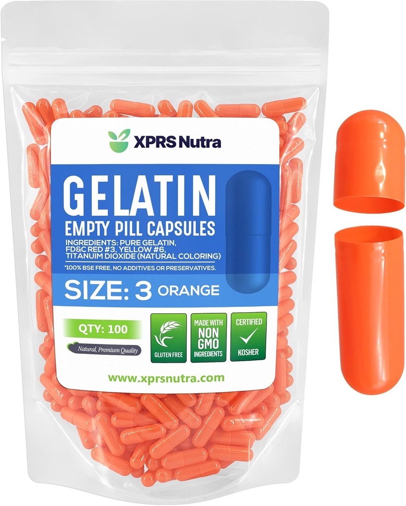 XPRS Nutra Størrelse 3 Tomme kapsler - 100 Tomme Gelatine kapsler - Piller gør det - Pure Bovin Pill Gel Caps Fyldelig til Do- It- Yourself vitaminer og kosttilskud (Orange)