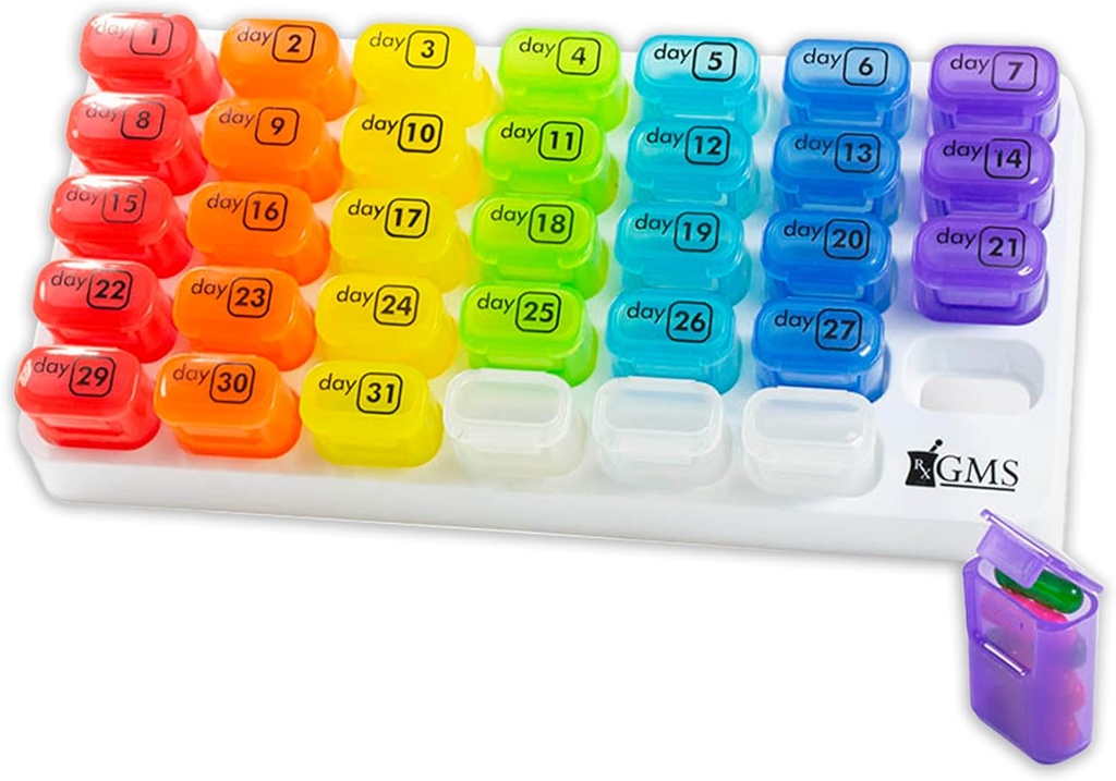 Månedlig Pill Organizer - 31 Day Pop Out Pill Pods for kosttilskud, Vitaminer & Medicin - Ideel til daglig brug & Rejser - Rainbow