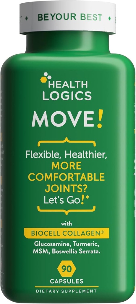 Health Logics Flyt! Sunde joints med BioCell Collagen, Glucosamin, MSM, C-vitamin, gurkemeje, 95% Curcuminoids, Boswellia Serrata, 124; Support Joint Comfort, 124; Non- GMO, 124; 90 kapsler