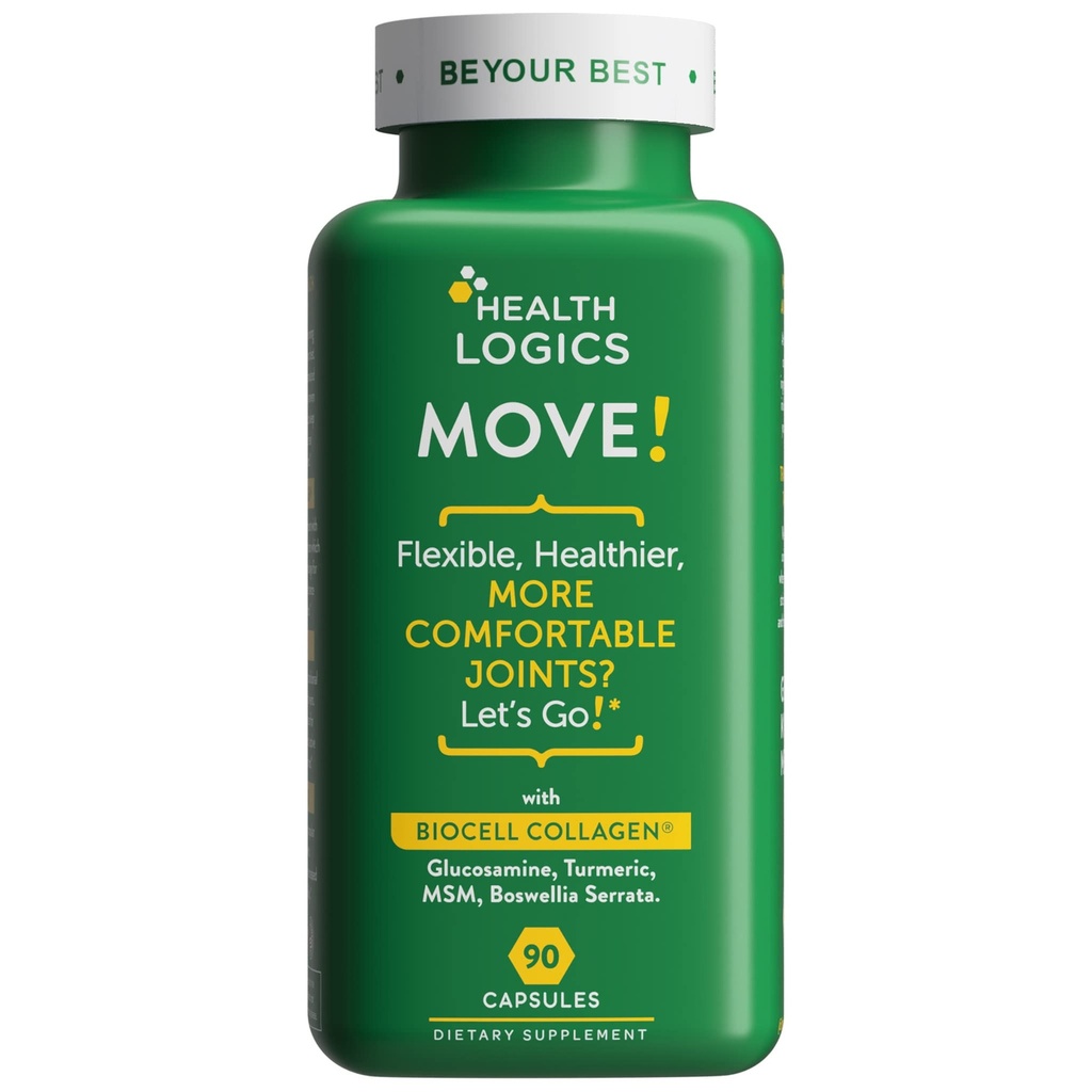 Health Logics Flyt! Sunde joints med BioCell Collagen, Glucosamin, MSM, C-vitamin, gurkemeje, 95% Curcuminoids, Boswellia Serrata, 124; Support Joint Comfort, 124; Non- GMO, 124; 90 kapsler
