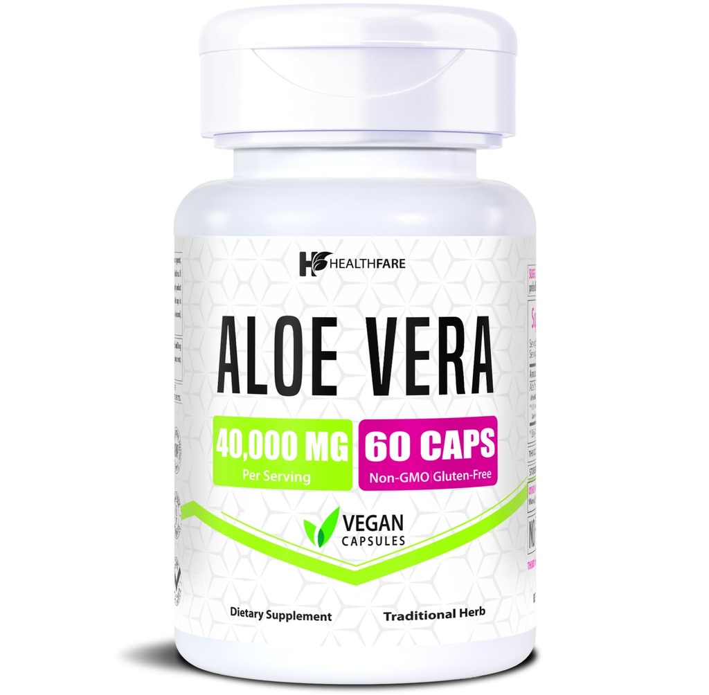 Healthfare Aloe Vera Capsules 40,000mg • 124; 60 Vegan Pills • 124; Indre Leaf Aloe Vera • Extract Supplement • 124; Gut Health & Digestive Support • 124; Non- GMO, Gluten- Free • 124; Fremstillet i USA