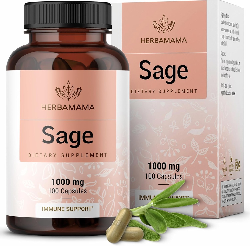 HERBAMAMA Sage Capsules - 1000mg Natural fordøjelse & immunforsvar - Sage blade til hjerne Klarhed - Vegan, Non- GMO Salvia Officinalis Antioxidant Supplement