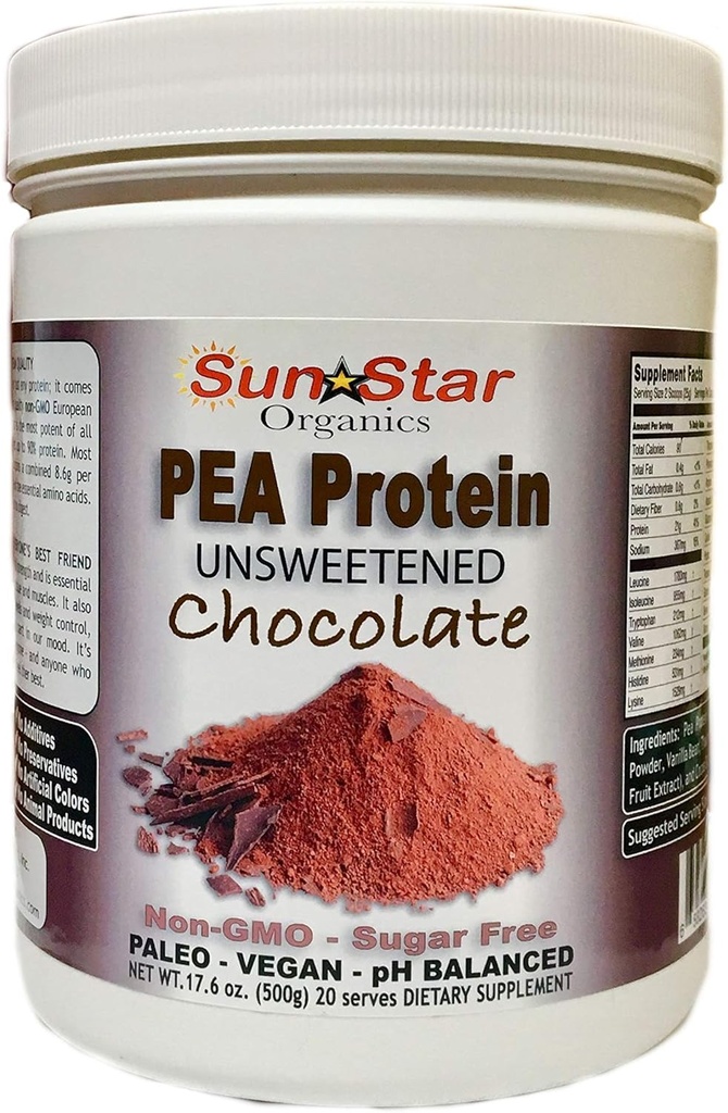 Pea Protein Powder - Ikke sødet - Chokolade med kakao pulver & vanille Bean - Soja fri, Non- GMO 17.6 oz