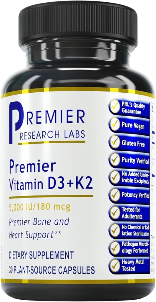 Premier Research Labs: Vitamin D3 + K2 Kosttilskud - for ben Support and Promoces Heart Health, Gluten- Free - 5000 IE Vegan Kosttilskud - Testet Kvalitet Medic124; 30 Plant- Kilde baseret kapsler