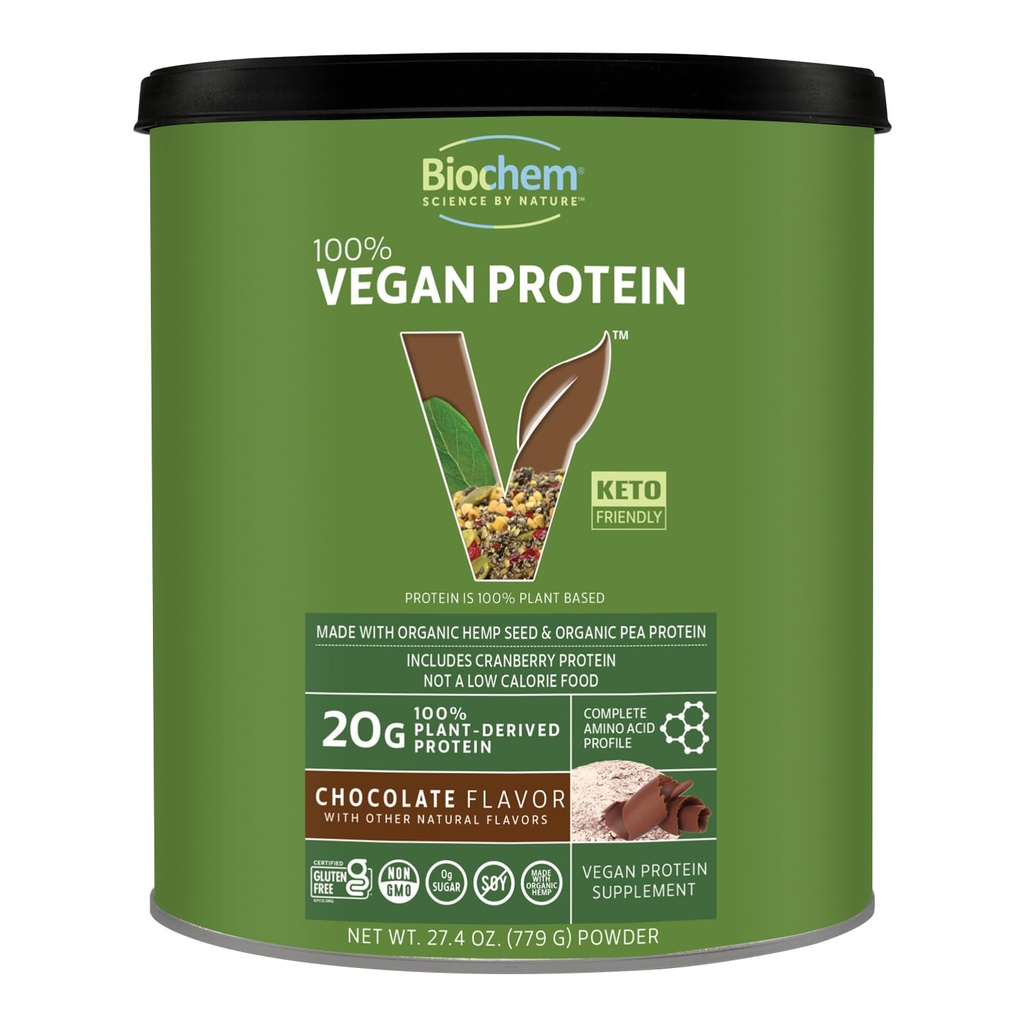 Biochem 100% Vegan Protein, Natural Aminoacids, Gluten Free, Keto, Non Whey, Pea & Hemp Protein Powder for Women and Men, 24 Servering 2 LB (chokolade)
