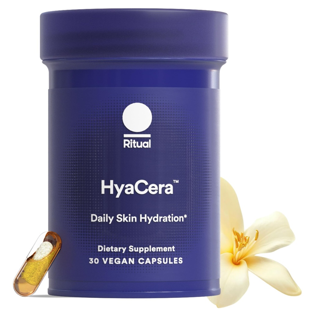 Ritual HyaCera Skin Supplement til Wrinkle Support, med Hyabest ® og Ceratiq ® til hudhygiejne Support, Hyaluronsyre, Glycolipider, Ceramider, Gluten Free, Non GMO, Vanilla Essence, 30 dages forsyning