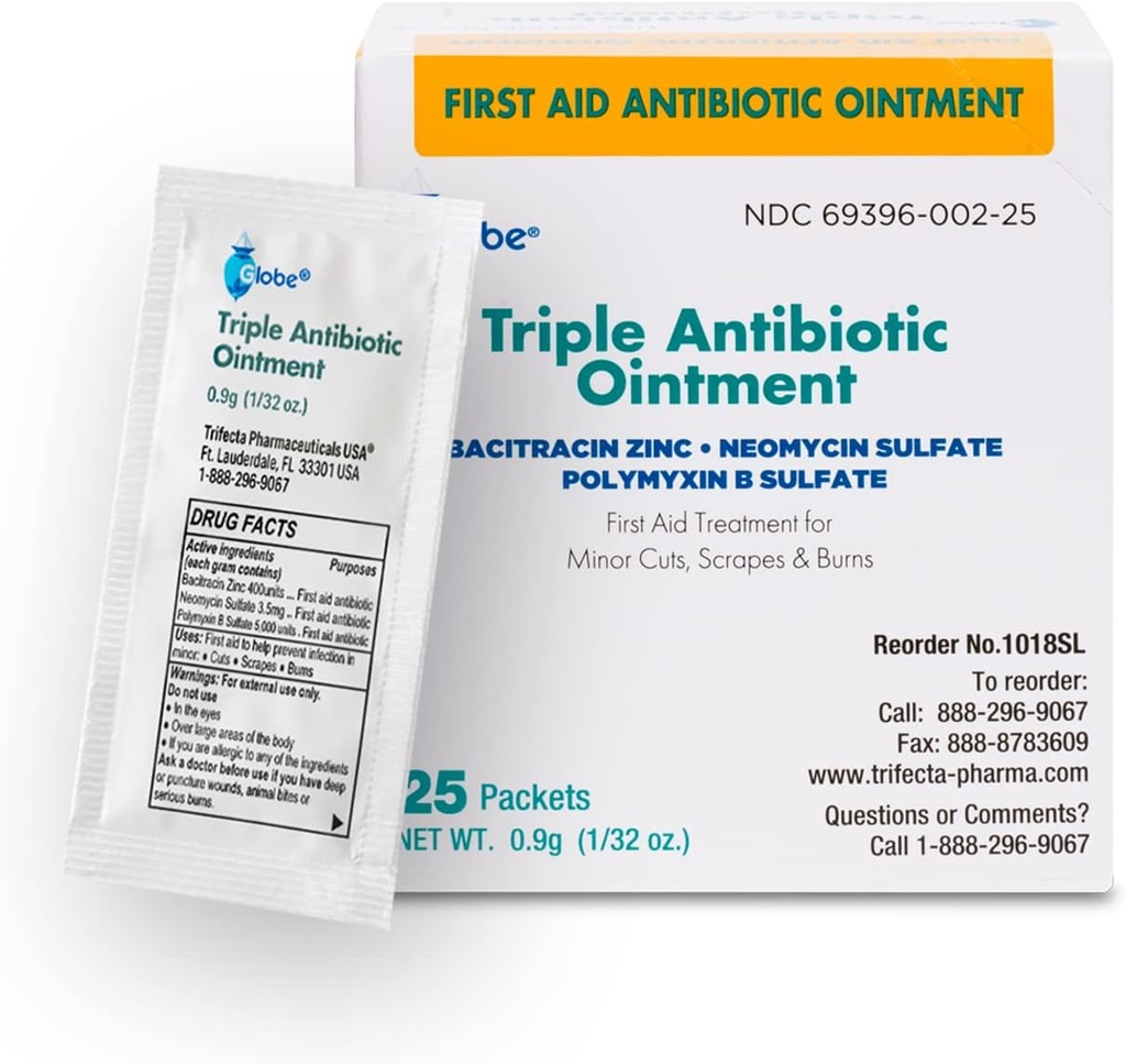 Globe (25 Pack Triple Antibiotic Salve Single Packet, Førstehjælp Kit til Mindre Scratches, Sår, Cuts, og Burns, Forvents Infektion, Aktive ingredienser Sammenlign med førende mærke, Rejsestørrelse, 0.9g