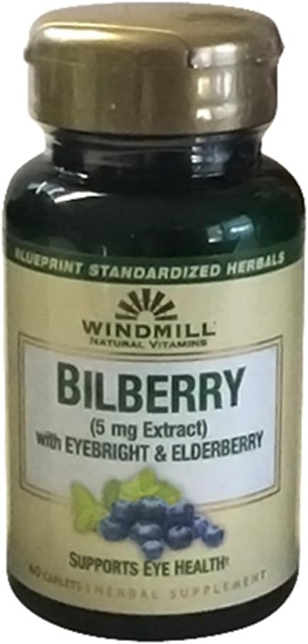 Windmill Bilberry 5 mg Extract Caplets, Med Eyebright & Elderberry Understøtter Eye sundhed, 60 Ea