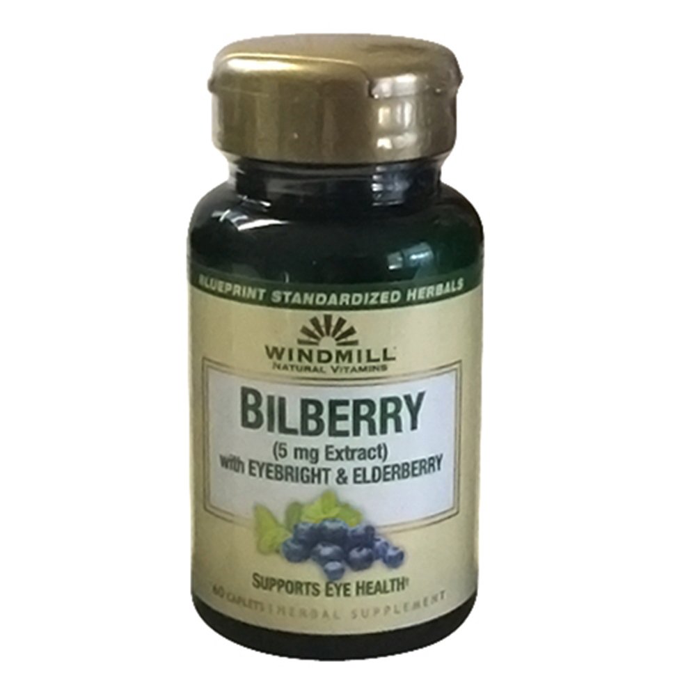 Windmill Bilberry 5 mg Extract Caplets, Med Eyebright & Elderberry Understøtter Eye sundhed, 60 Ea