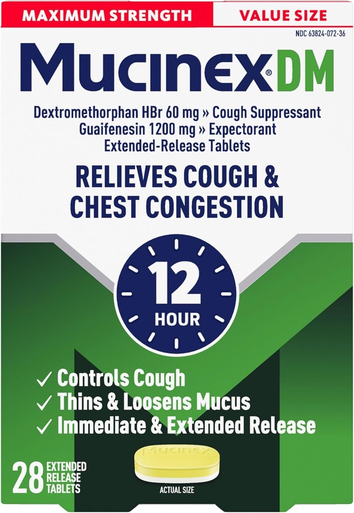 Mucinex Host Suppressant and Expectorant, DM maksimal styrke 12 timers tabletter, 28ct, 1200 mg Guaifenesin, Relieves Chest Congestion, Quiets Wet and Try Hough, # 1 Doctor Recommended OTC Expectorant