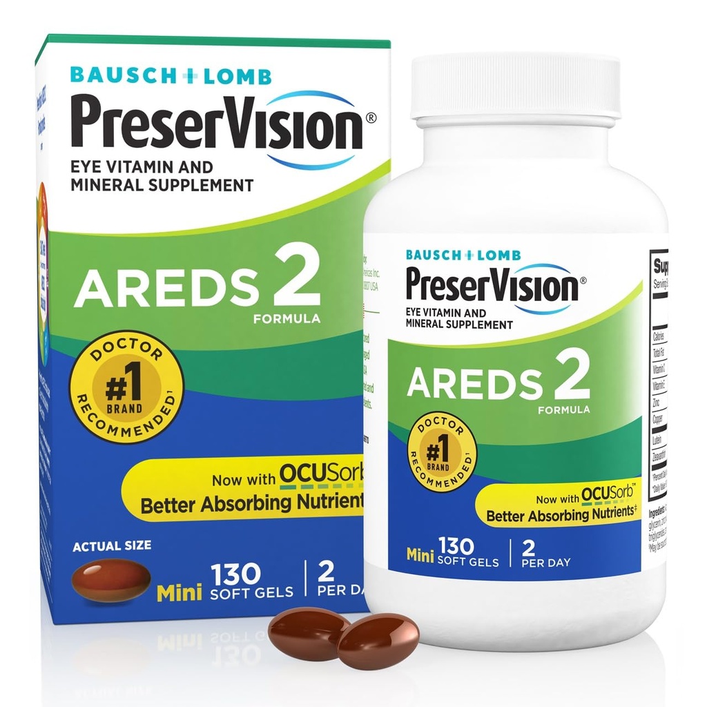 PreserVision AREDS 2 Eye Vitaminer, # 1 Eye Doctor Anbefalet Mærke, Lutein og Zeaxanthin Supplement med C-vitamin, E-vitamin, zink og kobber, 130 Softgels (Minigels)