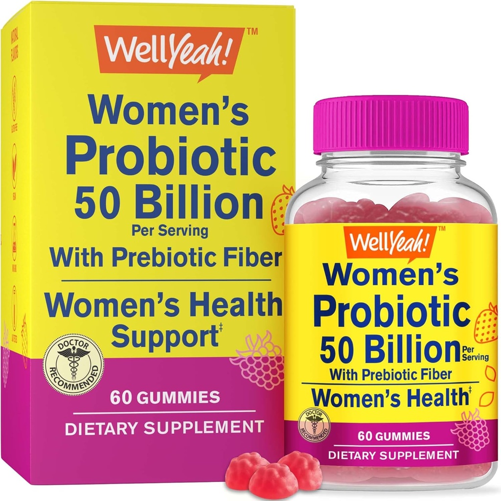 WellYes Kvinder Probiotiske 50 Millioner Gummies 12 Strops - med Prebiotic Fiber til fordøjelsesbesvær - Vaginal, fordøjelsesbesvær, immunsuport og Gut Sundhed - Hylde Stable Probiotiske Gummies - 60 Gummies