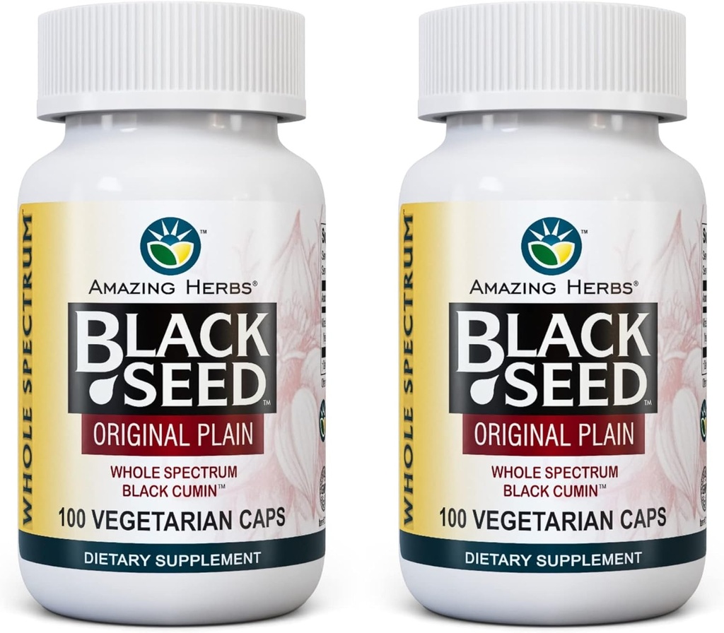 Amazing Herbs Whole Spectrum Black Seed Original Plain, Vegetariske Kapsler - Gluten Free, Non GMO, Cold Pressed Nigella Sativa Aids in fordøjelsessygdomme - 100 Greve, 475mg (2- Pack)