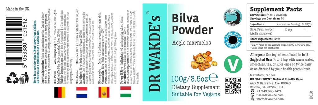 DR WAKDE 's Bilva Fruit Powder (Bael Fruit Dec124; Aegle Mermelos) - 100g (3.5oz) Dec124; Pure, Raw & Tørred Powder Dec124; Ayurvedic Herb Dec124; Vegan Decret 124; Nothing Added, Nothing Removed Dectext