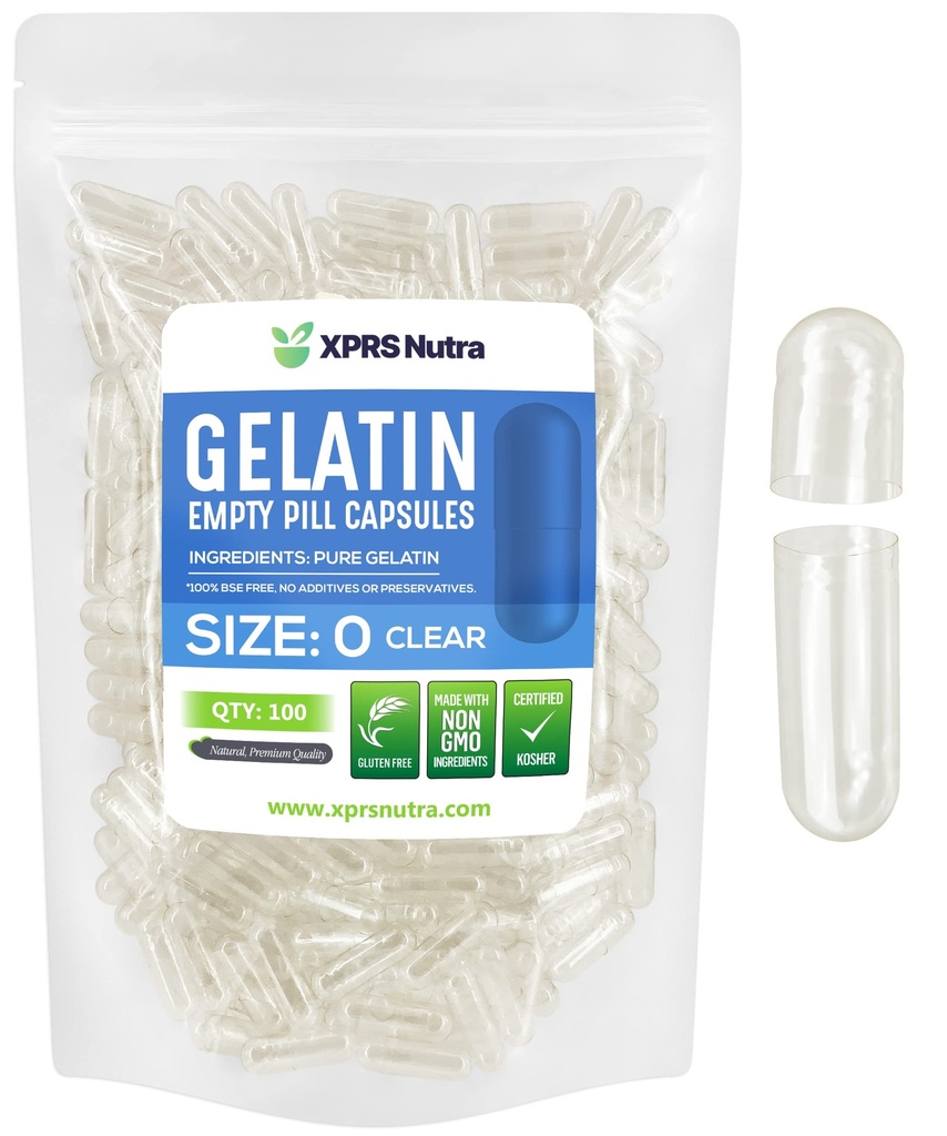 XPRS Nutra Størrelse 0 Clear Tom Gelatine Kapsler 100 Greve - Kosher og Halal - Pure Gelatine Pille Kapsel - DIY Powder Fyldning - Fyldelige Gel Caps til Do- It- Yourself Kosttilskud