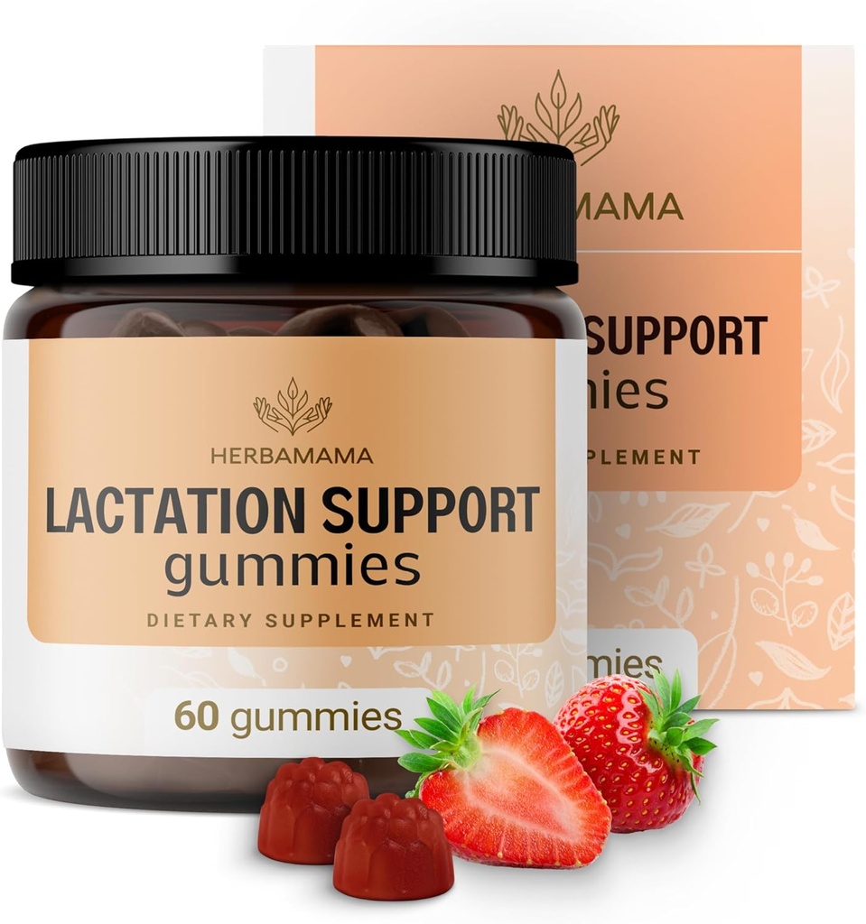 HERBAMAMA Amning Support Gummies - Herbal Blend for mors Bryst Mælkflow Support - Vegan, Non- GMO Amning Supplement for kvinder - 60 Pectin- baserede Strawberry- Tygge