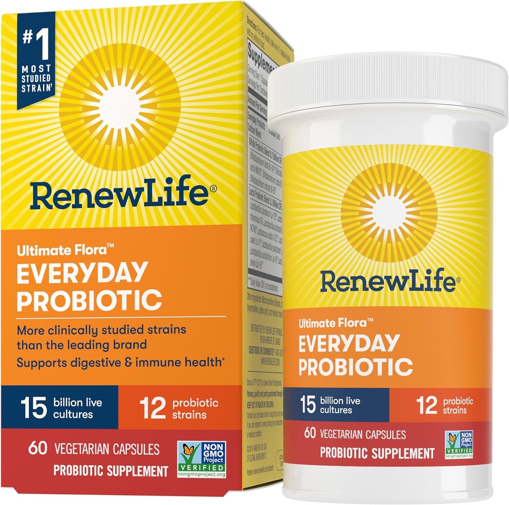 Renew Life Everyday Probiotic Capsules, Daily Supplement Understøtter urinære, fordøjelses- og immunsundhed, L. Rhamnosus GG, Dairy, Soy og gluten- fri, 15 milliarder CFU, 60 Greve
