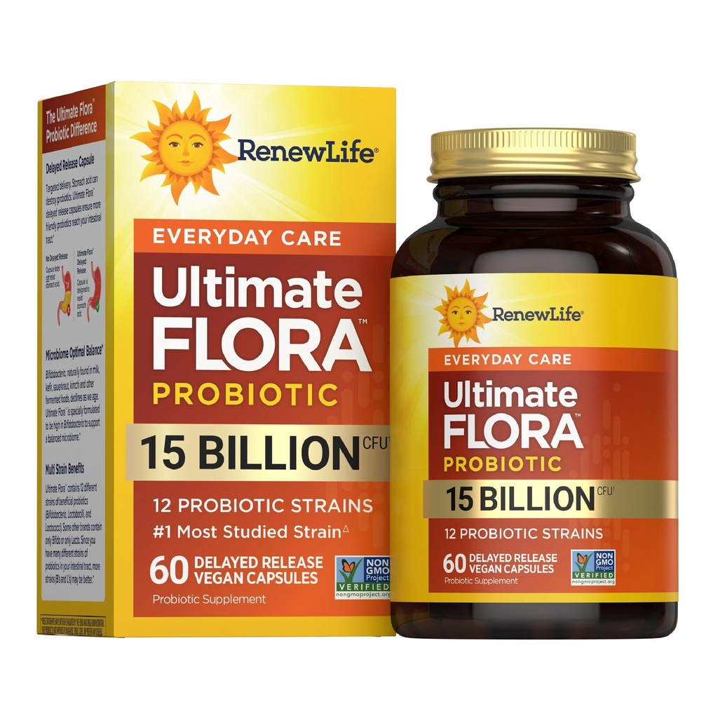 Renew Life Everyday Probiotic Capsules, Daily Supplement Understøtter urinære, fordøjelses- og immunsundhed, L. Rhamnosus GG, Dairy, Soy og gluten- fri, 15 milliarder CFU, 60 Greve