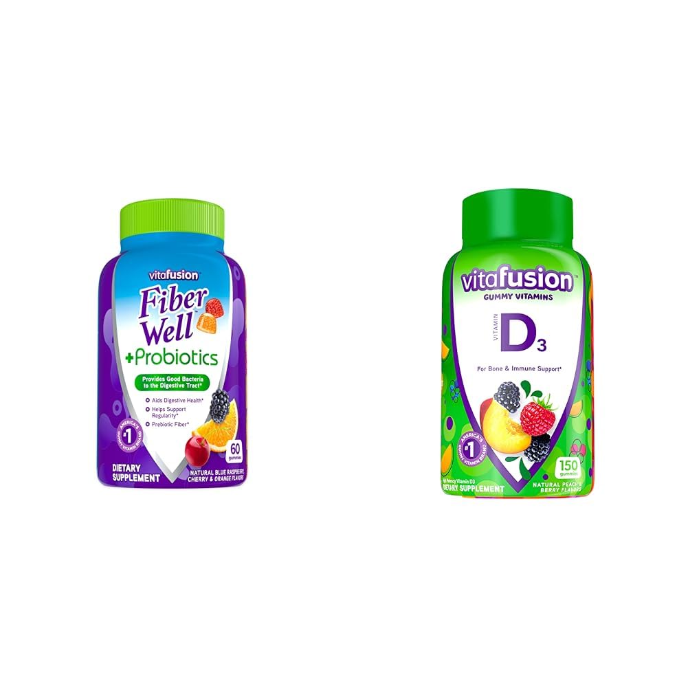 Viafusion Fiber Well + Probiotika Gummier for voksne, 60 Grev Vitamin D3 Gummy Vitamin, Peach, BlackBerry og Strawberry Flavored, 50 mcg D-vitamin, 150 Greve