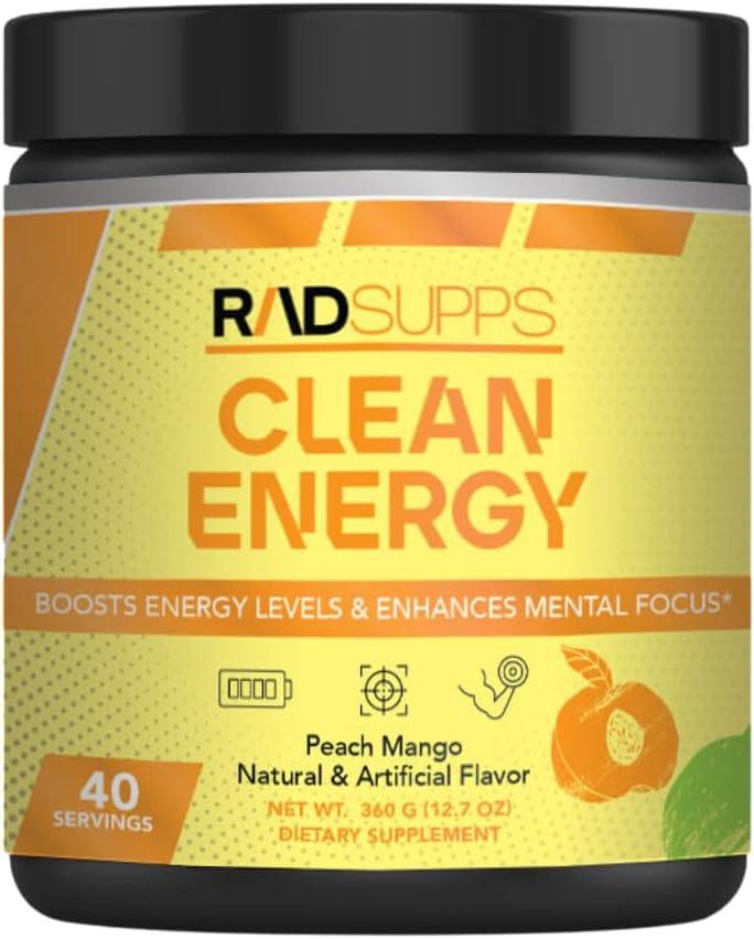 Ren energi - Pre Workout pulver til mænd og kvinder med BCAAs Aminosyrer, energi drik pulver, Aminosyre energi pulver til energi & fokus - 40 Servere (12.7 oz, Peach Mango)