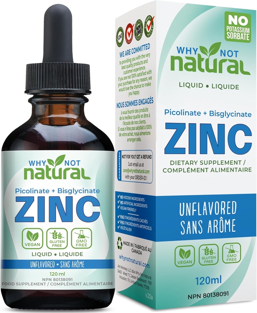 Organic Liquid Zink Drops Supplement med chelated picolinate og Bisglycinate, Vegan