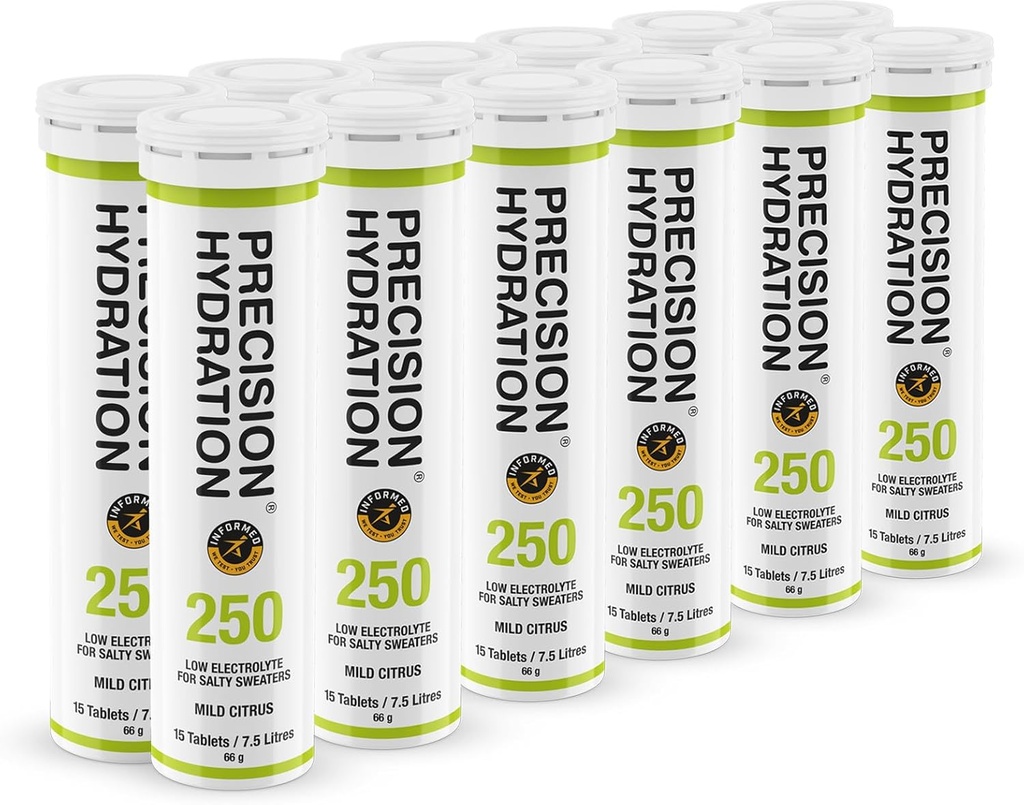 Præcision Hydration Electrolyte Drink - Multi Strength Effervescent Hydration Tablets - Low Calorie, Gluten Free, Vegan / Vegetar Friendly (12 tubes, 250 mg / l - Green Tube)
