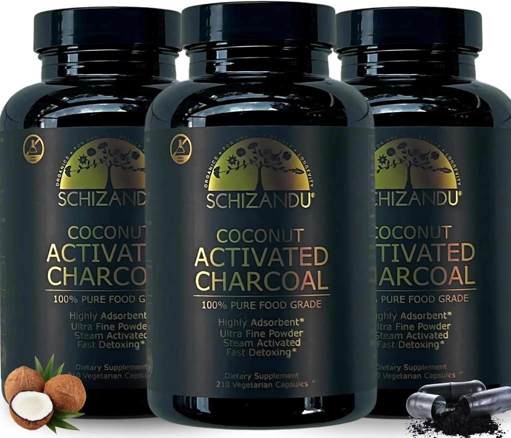 Aktiveret kokos Charcoal Capsules - Understøtter sundhed - Vegansk, Økologisk, Non- GMO, Ingen tilsætningsstoffer - X- Stor flaske 210 Greve - Pakke af 3