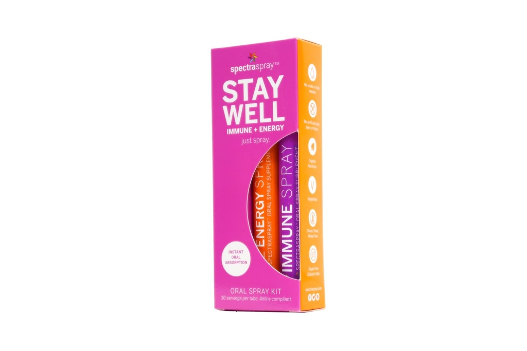 Spectrasay Travel Wellness Stay Wellness Kit - immunforsvar & B12 Vitamin Oral spray Rapid Immunitet Boost & Aktiv form af B12 til inddrivelse & energi, Vegan & Gluten Free, 30 dages forsyning pr Spray