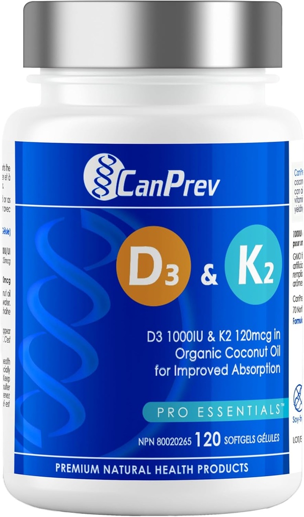 CanPrev D3 & K2 Vitaminer 120 Softgels, 120- Day Supply, 1000IE Vitamin D3 & 120mcg K2, Understøtter stærke knogler, tænder & hjerte Wellness, Easy- to- Absorb med organisk kokosolie, Ingen GMO, Gluten, Soy, Dairy
