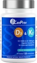 CanPrev D3 & K2 Vitaminer 120 Softgels, 120- Day Supply, 1000IE Vitamin D3 & 120mcg K2, Understøtter stærke knogler, tænder & hjerte Wellness, Easy- to- Absorb med organisk kokosolie, Ingen GMO, Gluten, Soy, Dairy