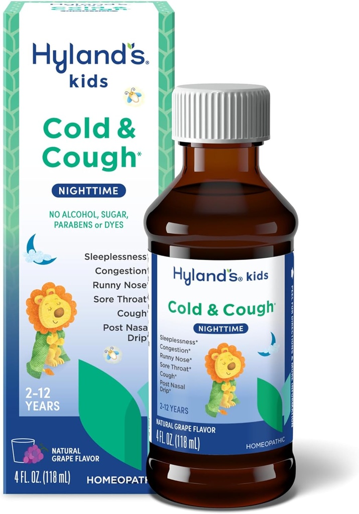 Hyland 's Kids Cold and Hough, Nighttime Grape Flavor Hough Syrup Medicin til børn i alderen 2 og op, Decongestant, Sore Hals, og søvnløshed Lindring af almindelige kolde symptomer, 4 Fl Oz