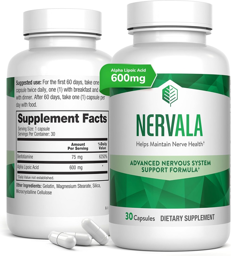 Nervala - Alpha Lipoic Acid 600mg - ALA Supplement Antioxidant til nerve, Energi & Circulation Support - Ekstra styrke med benfotiamin - Lab Testet - 30 kapsler, 1 måned Support