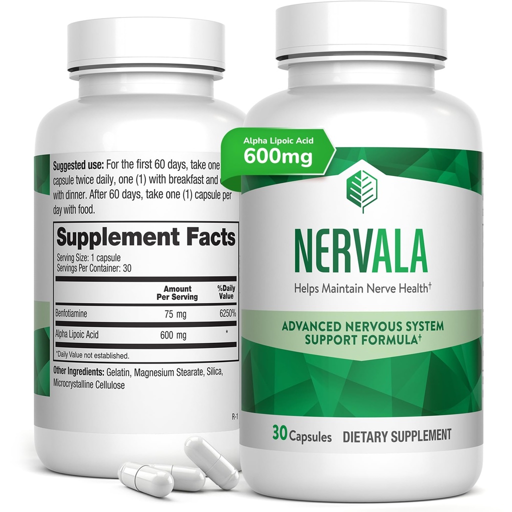 Nervala - Alpha Lipoic Acid 600mg - ALA Supplement Antioxidant til nerve, Energi & Circulation Support - Ekstra styrke med benfotiamin - Lab Testet - 30 kapsler, 1 måned Support