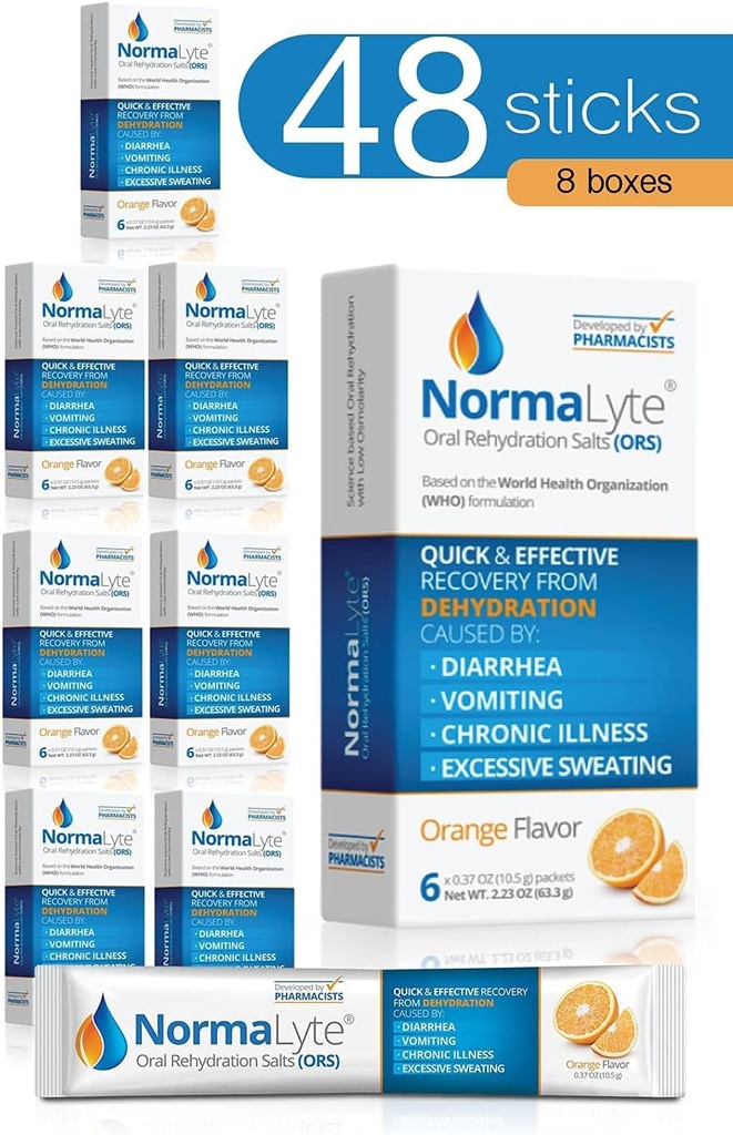 NormaLyte Oral Rehydrering Salts- 48 sticks pakker (Yields 500ml per pakke) -Orange - 124; Energitilskud, Kalium supplement, Dehydrering Inddrivelse og hurtig absorption
