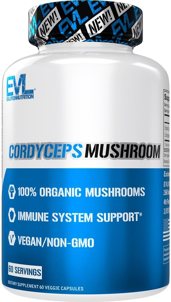 Evolution Nutrition Cordyceps Mushroom - immunsystem og hjerte sundhed support - 500mg Mushroom supplement - 100% Økologisk, Vegan & ikke-GMO - for Energy & Performance - 60 Servering