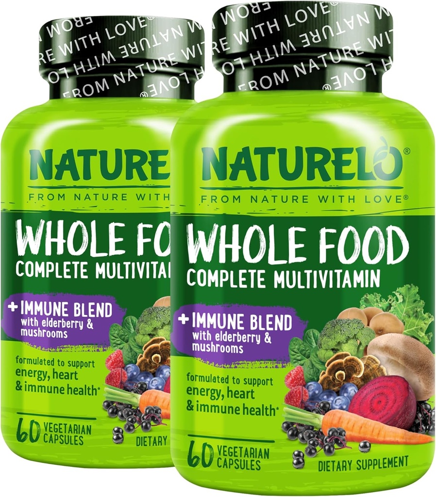 NATURELO hel mad Multivitamin + immunblend med hyldebær & svampe - Komplet multivitamin med ekstra immunstøtte - C, D3, Zink, hyldebær, Reishi, shitake, 60 Veganske kapsler (pakke med 2)