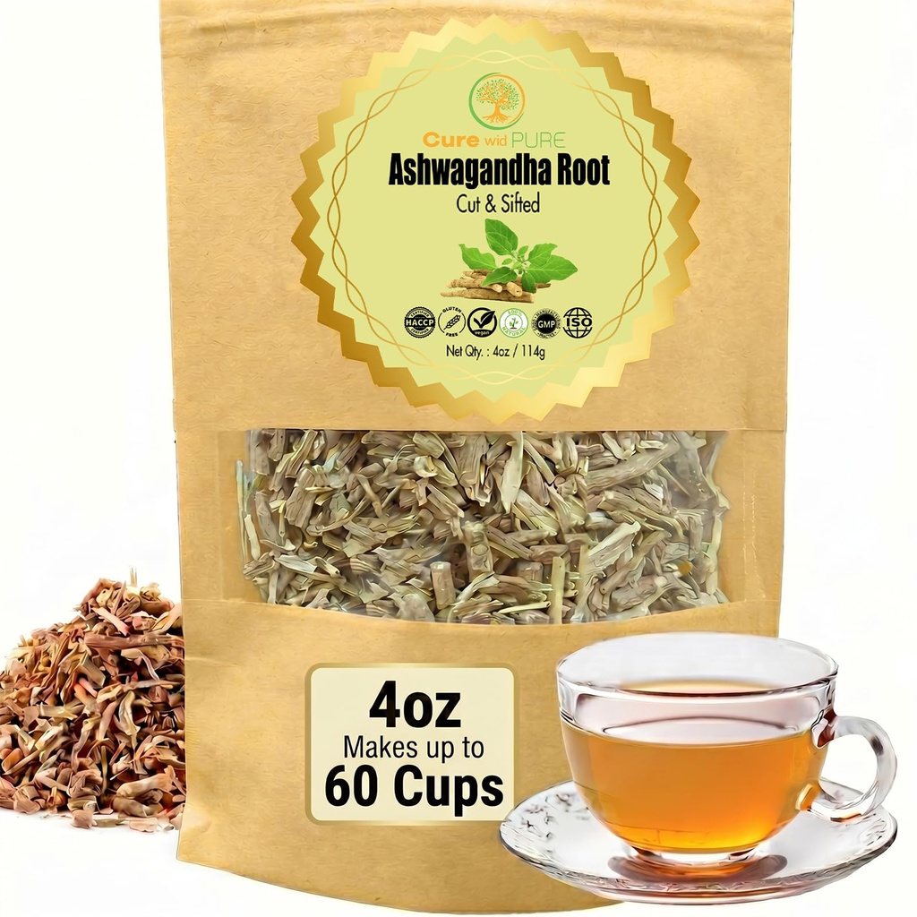 Cure wire Pure Certified Organic Ashwagandha Root Tea Cut & Signed 4oz Non- GMO Non- Bestrålede Ashwagandha Tea for kvinder & mænd Adaptogen Wellness