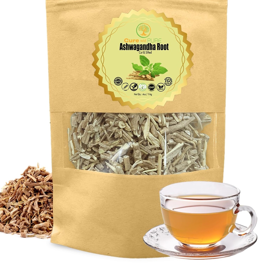 Cure wire Pure Certified Organic Ashwagandha Root Tea Cut & Signed 4oz Non- GMO Non- Bestrålede Ashwagandha Tea for kvinder & mænd Adaptogen Wellness