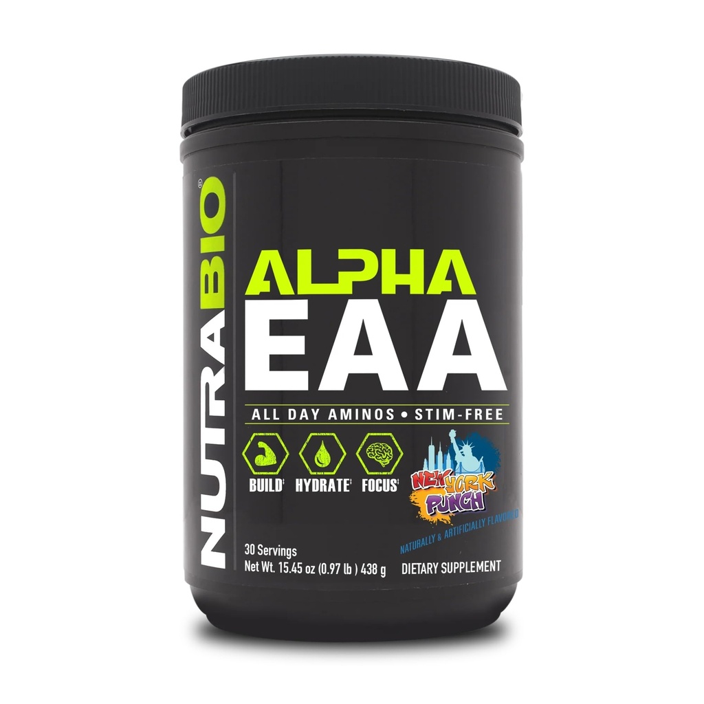 NutraBio Alpha EAA - All- Day Aminosyrer til muskelvækst og hydrering - essentielle aminosyrer med Nootropics & Adaptogen- Full Spectrum EAA BCAA Powder - 30 Serveringer - New York Punch